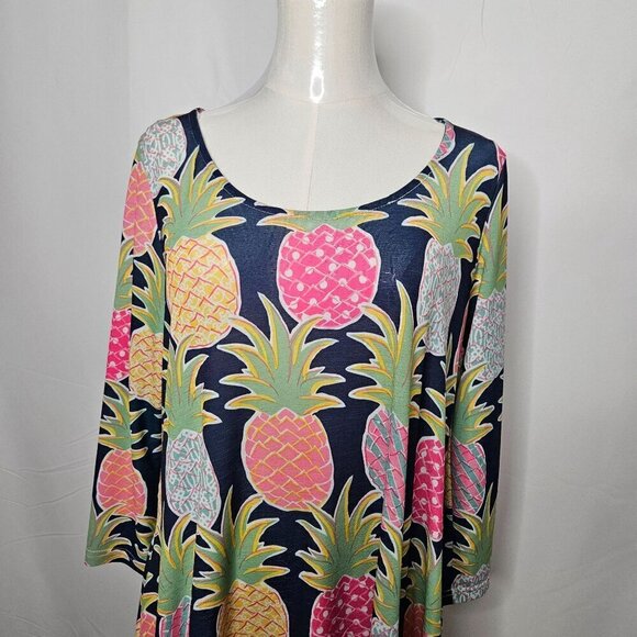 Simply Southern Small Pineapple Dress Navy Stretch Knit Sharkbite Hem Tropical - Picture 2 of 8